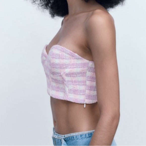 Zara woman’s pink/purple texture plaid corset tweed tube crop top - Picture 2 of 16